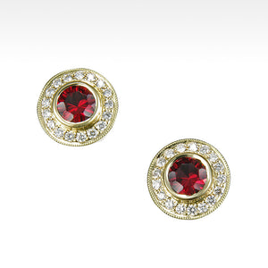 "Absolute" Cranberry Garnet Bezel Set Earrings with Ideal Cut Diamonds in 14K Yellow Gold - Lyght Jewelers 10040 W Cheyenne Ave Ste 160 Las Vegas NV 89129
