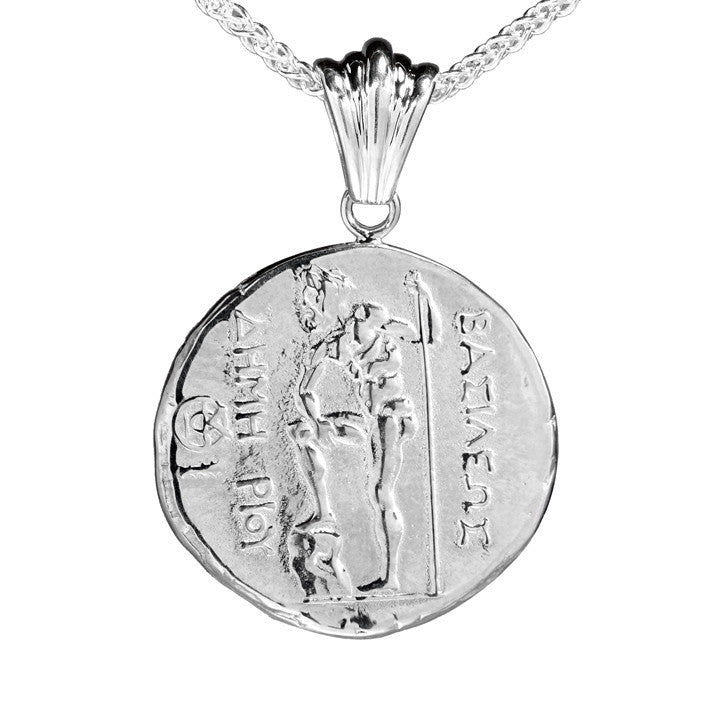 "Amphipolis Demetrios Tetradrachm" Grecian Coin Pendant in Argentium Silver with Necklace - Lyght Jewelers 10040 W Cheyenne Ave Ste 160 Las Vegas NV 89129