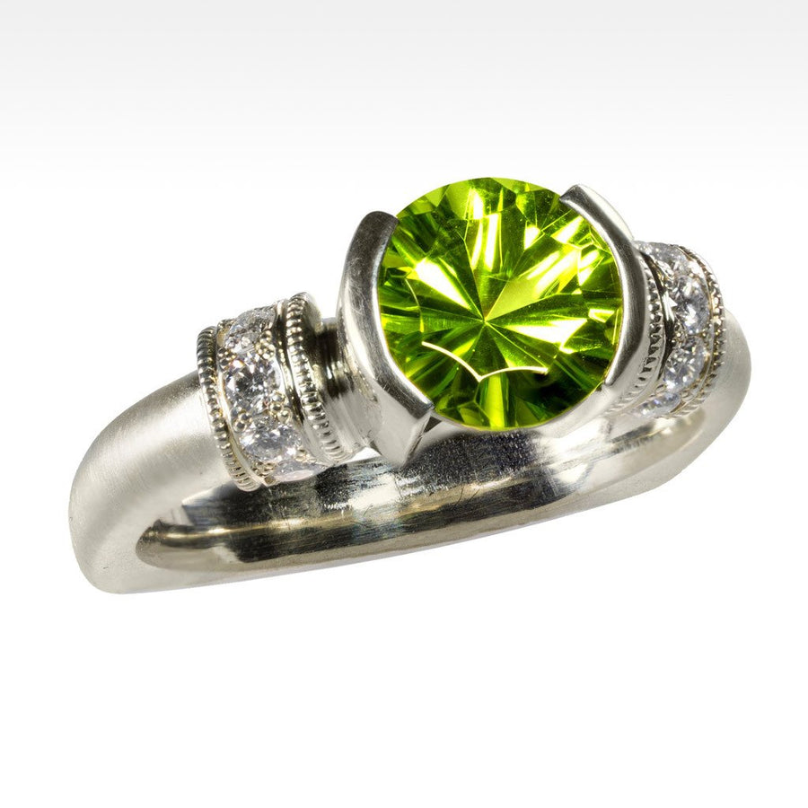 "Apple Trance" Arizona Peridot Ring with Ideal Cut Diamonds in 14K Green Gold - Lyght Jewelers 10040 W Cheyenne Ave Ste 160 Las Vegas NV 89129