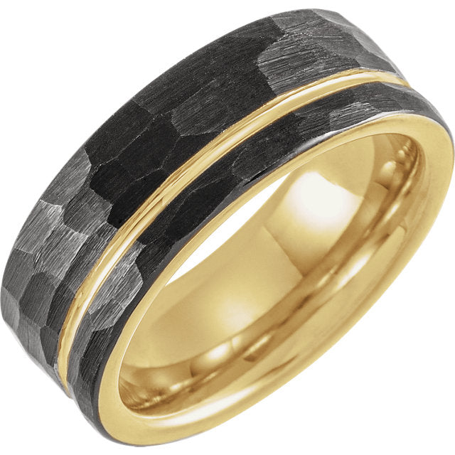 Black & 18K Yellow Gold Plated Tungsten Flat Edge Grooved & Hammered 8mm Band - Lyght Jewelers 10040 W Cheyenne Ave Ste 160 Las Vegas NV 89129