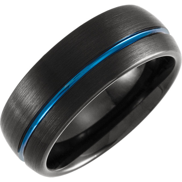 Black & Cobalt Blue Plated Tungsten Round Edge Grooved 8mm Band - Lyght Jewelers 10040 W Cheyenne Ave Ste 160 Las Vegas NV 89129