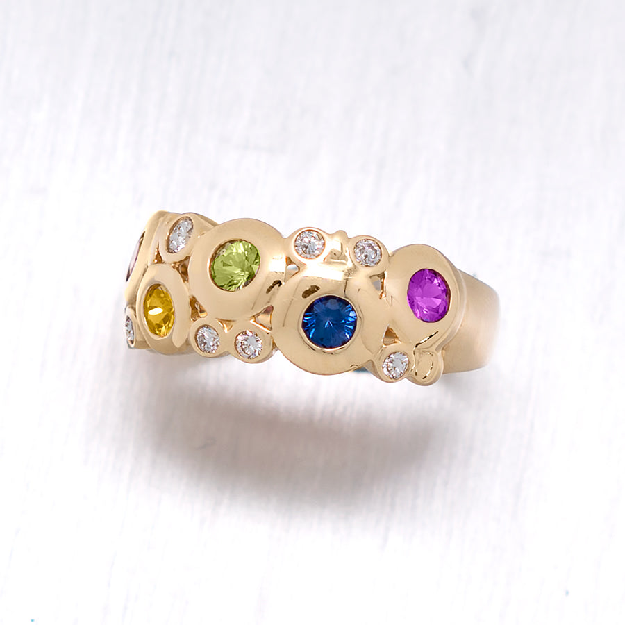 "Concentric" Round Brilliant Cut Bezel Multi-Colored Sapphires and Diamonds in 14K Yellow Gold Ring - Lyght Jewelers 10040 W Cheyenne Ave Ste 160 Las Vegas NV 89129