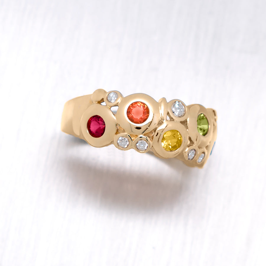 "Concentric" Round Brilliant Cut Bezel Multi-Colored Sapphires and Diamonds in 14K Yellow Gold Ring - Lyght Jewelers 10040 W Cheyenne Ave Ste 160 Las Vegas NV 89129