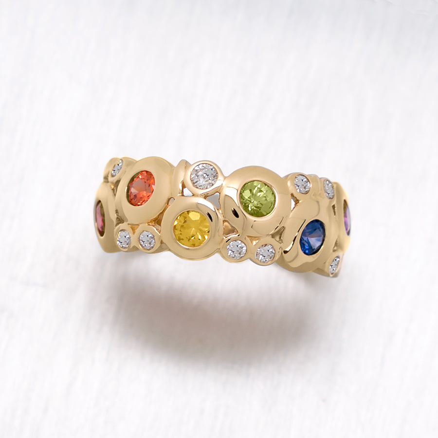"Concentric" Round Brilliant Cut Bezel Multi-Colored Sapphires and Diamonds in 14K Yellow Gold Ring - Lyght Jewelers 10040 W Cheyenne Ave Ste 160 Las Vegas NV 89129