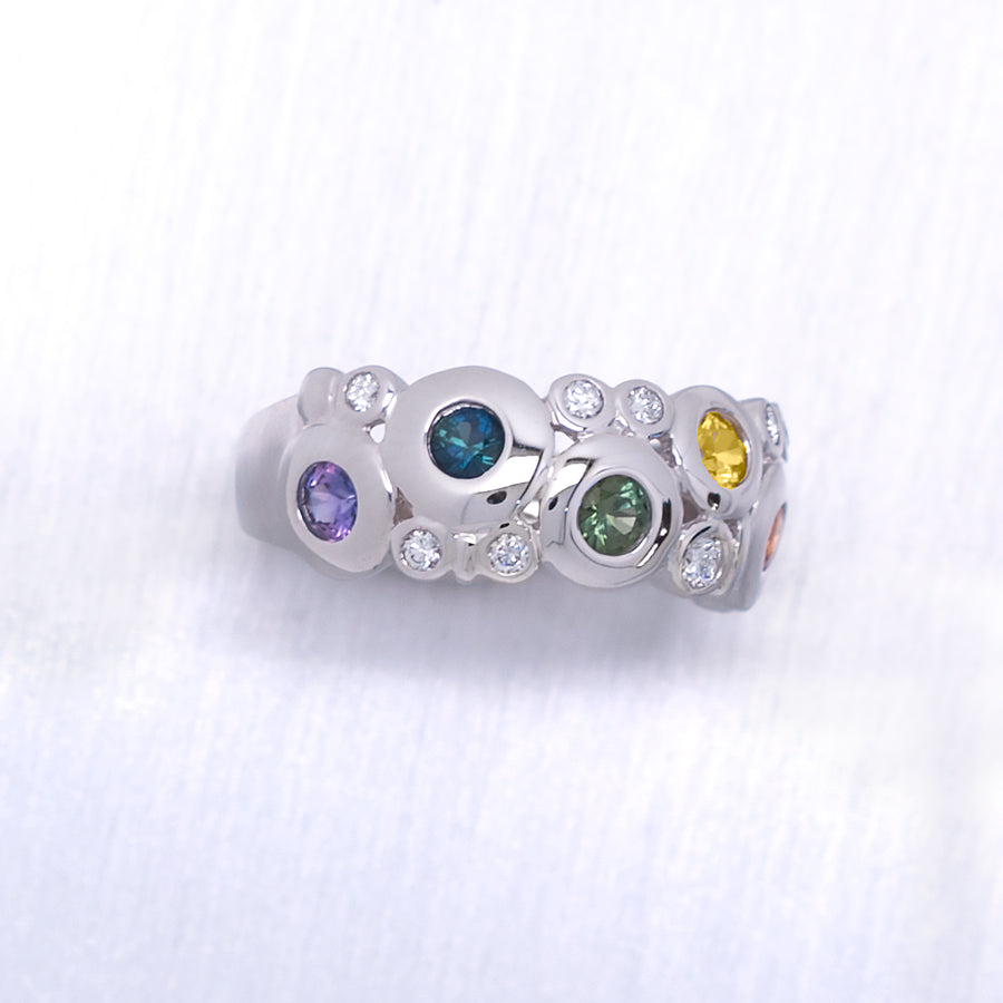 "Concentric" Round Brilliant Cut Bezel Rainbow-Colored Sapphires and Diamonds in 14K White Gold Ring - Lyght Jewelers 10040 W Cheyenne Ave Ste 160 Las Vegas NV 89129