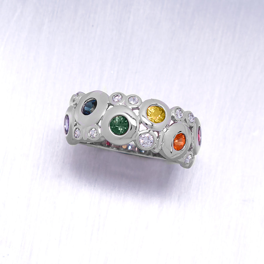 "Concentric" Round Brilliant Cut Bezel Rainbow-Colored Sapphires and Diamonds in 14K White Gold Ring - Lyght Jewelers 10040 W Cheyenne Ave Ste 160 Las Vegas NV 89129