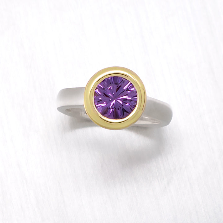 "Corona" 18K Yellow Gold Bezel Amethyst Ring with Two Tone Argentium Silver - Lyght Jewelers 10040 W Cheyenne Ave Ste 160 Las Vegas NV 89129