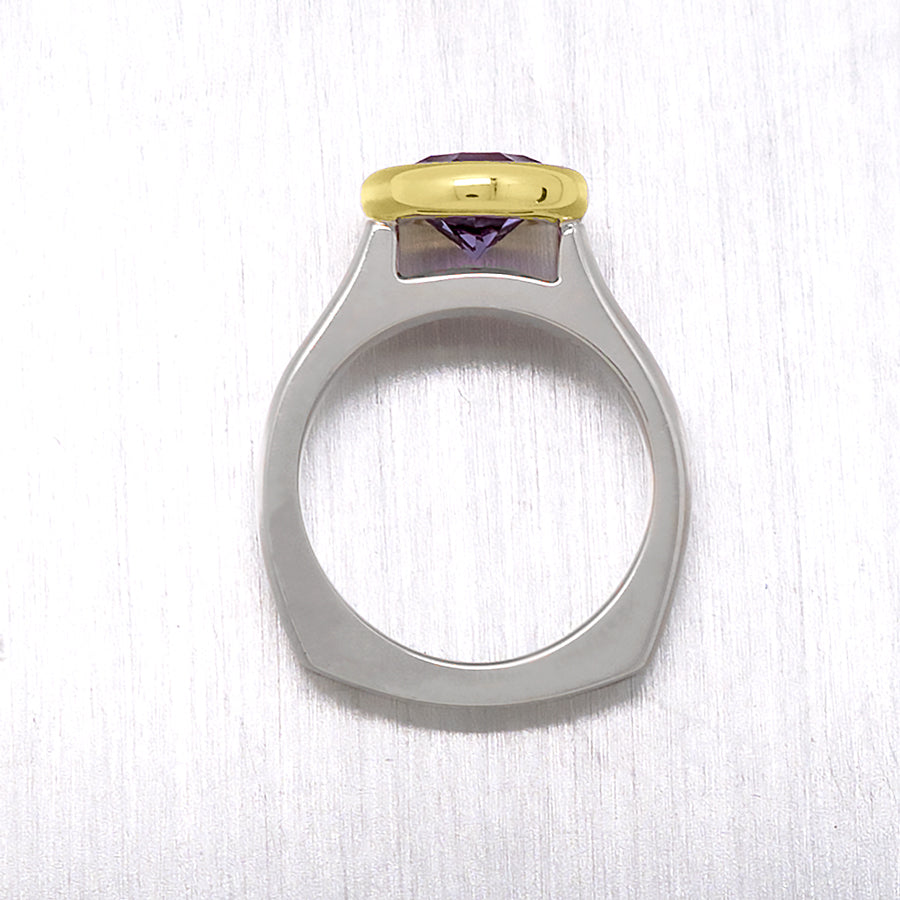 "Corona" 18K Yellow Gold Bezel Amethyst Ring with Two Tone Argentium Silver - Lyght Jewelers 10040 W Cheyenne Ave Ste 160 Las Vegas NV 89129