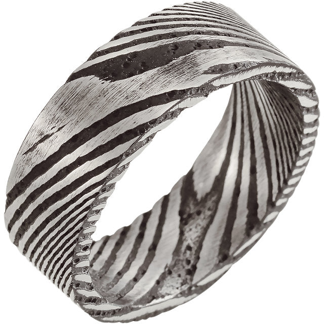 Sanded Black Flat Band Damascus Steel 8 mm Wood Grain Band - Lyght Jewelers 10040 W Cheyenne Ave Ste 160 Las Vegas NV 89129