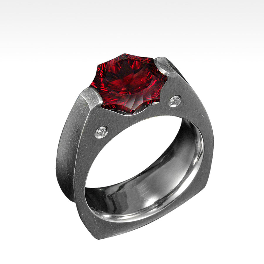 "Das Sonne" Cranberry Garnet Ring with Ideal Cut Diamonds in 14K White Gold - Lyght Jewelers 10040 W Cheyenne Ave Ste 160 Las Vegas NV 89129