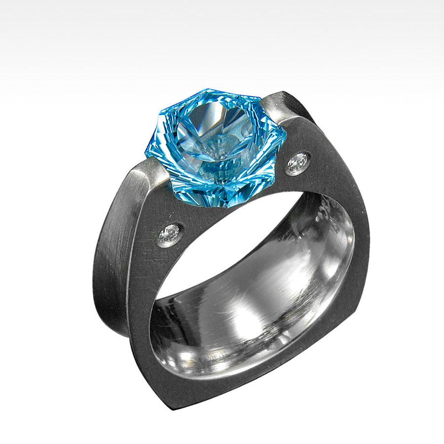 "Das Sonne" Blue Topaz Ring with Ideal Cut Diamonds in 14K White Gold - Lyght Jewelers 10040 W Cheyenne Ave Ste 160 Las Vegas NV 89129