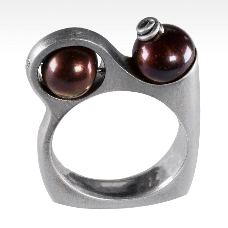 "Decadent" Two Chocolate Pearl Ring with Diamonds in Argentium Silver - Lyght Jewelers 10040 W Cheyenne Ave Ste 160 Las Vegas NV 89129