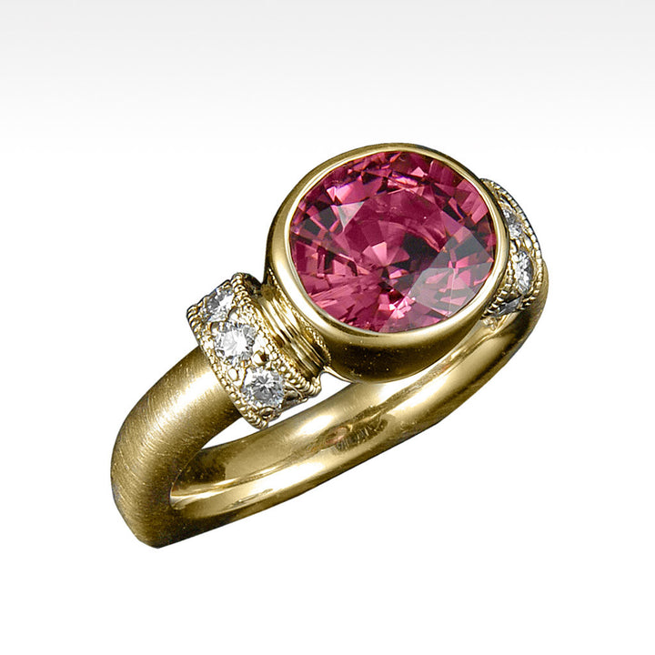 "Exhalt" Tourmaline Ring with Ideal Cut Diamonds in 14K Yellow Gold. - Lyght Jewelers 10040 W Cheyenne Ave Ste 160 Las Vegas NV 89129