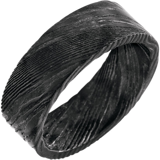 Full Pitch Black Flat Band Damascus Steel 8 mm Wood Grain Band - Lyght Jewelers 10040 W Cheyenne Ave Ste 160 Las Vegas NV 89129