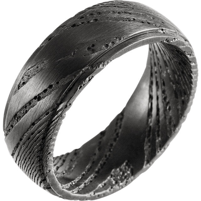 Full Pitch Black Rounded Flat Band Damascus Steel 8 mm Wood Grain Band - Lyght Jewelers 10040 W Cheyenne Ave Ste 160 Las Vegas NV 89129