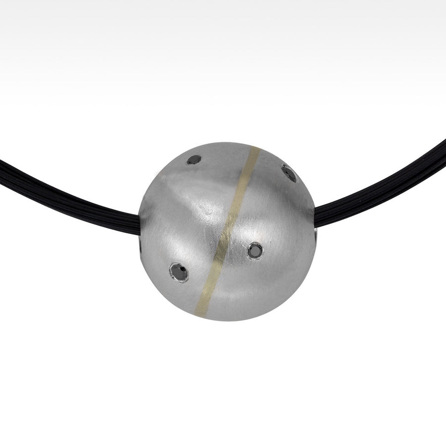 "Orb" Black Diamond Pendant in Fine Silver and 18K Yellow Gold Stripe with Stainless Steal Chain - Lyght Jewelers 10040 W Cheyenne Ave Ste 160 Las Vegas NV 89129