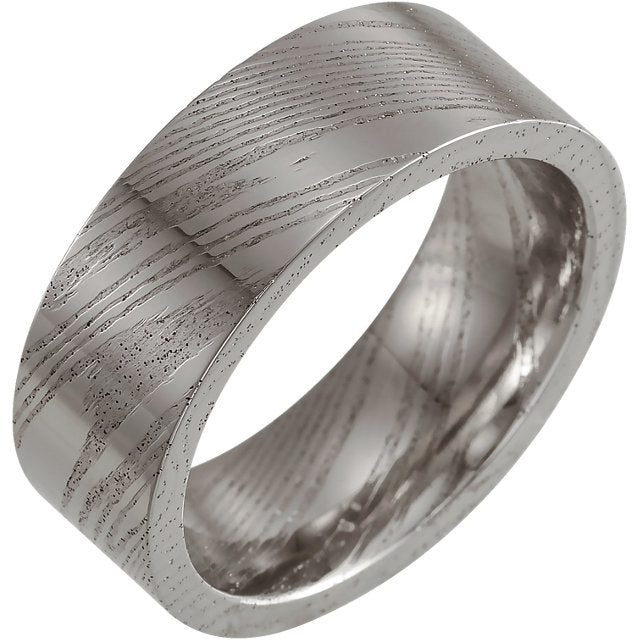 Polished Flat Band Damascus Steel 8 mm Wood Grain Band - Lyght Jewelers 10040 W Cheyenne Ave Ste 160 Las Vegas NV 89129