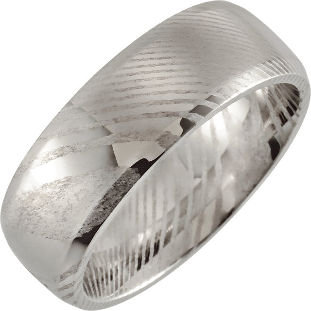 Polished Rounded Band With Beveled Edge Damascus Steel 8 mm Wood Grain Band - Lyght Jewelers 10040 W Cheyenne Ave Ste 160 Las Vegas NV 89129