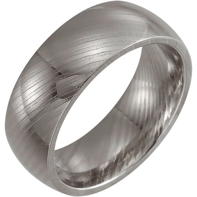 Polished Rounded Damascus Steel Band 8 mm Wood Grain Band - Lyght Jewelers 10040 W Cheyenne Ave Ste 160 Las Vegas NV 89129
