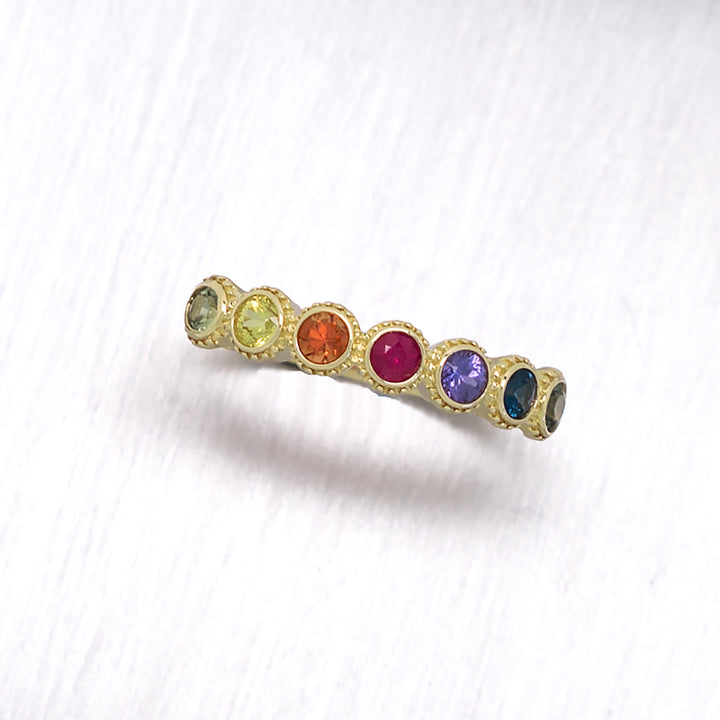 "Rainbow Bezel" 7 Bezel Set Rainbow Sapphires in 14K Yellow Gold Ring - Lyght Jewelers 10040 W Cheyenne Ave Ste 160 Las Vegas NV 89129