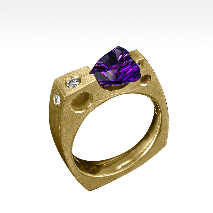 "Requisite" Trillion Cut Amethyst Ring with Ideal Cut Diamonds in 14K Yellow Gold - Lyght Jewelers 10040 W Cheyenne Ave Ste 160 Las Vegas NV 89129