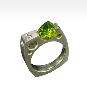 "Requisite" Trillion Cut Peridot Ring with Ideal Cut Diamonds in 14 Karat Green Gold - Lyght Jewelers 10040 W Cheyenne Ave Ste 160 Las Vegas NV 89129