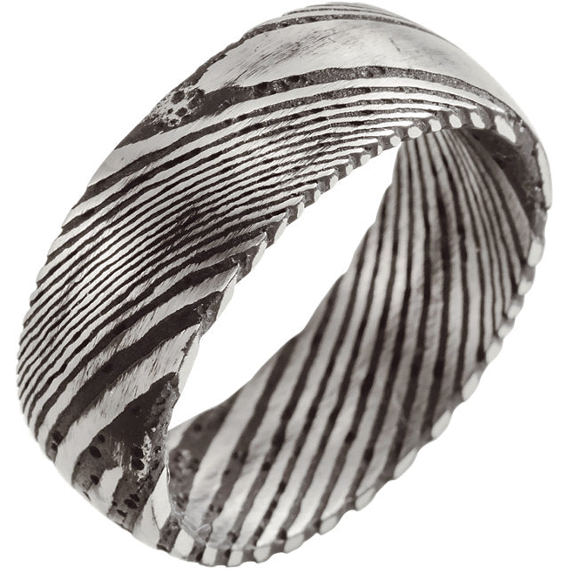 Sanded Black Rounded Band Damascus Steel 8 mm Wood Grain Band - Lyght Jewelers 10040 W Cheyenne Ave Ste 160 Las Vegas NV 89129