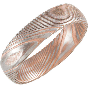 Sanded Rose Gold Rounded Band Damascus Steel 6 mm Wood Grain Band - Lyght Jewelers 10040 W Cheyenne Ave Ste 160 Las Vegas NV 89129