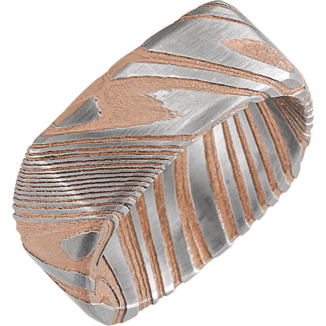 Sanded Rose Gold Square Band Damascus Steel 8 mm Wood Grain Band - Lyght Jewelers 10040 W Cheyenne Ave Ste 160 Las Vegas NV 89129