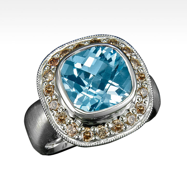 "Scarlett" Sky Blue Topaz Ring with Chocolate Diamonds in 18K White Gold - Lyght Jewelers 10040 W Cheyenne Ave Ste 160 Las Vegas NV 89129