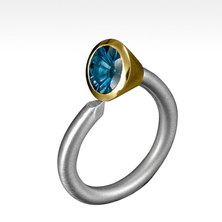 "Spike" Cambodian Blue Zircon Ring in 14K Yellow Gold Bezel Setting and Argentium Silver - Lyght Jewelers 10040 W Cheyenne Ave Ste 160 Las Vegas NV 89129
